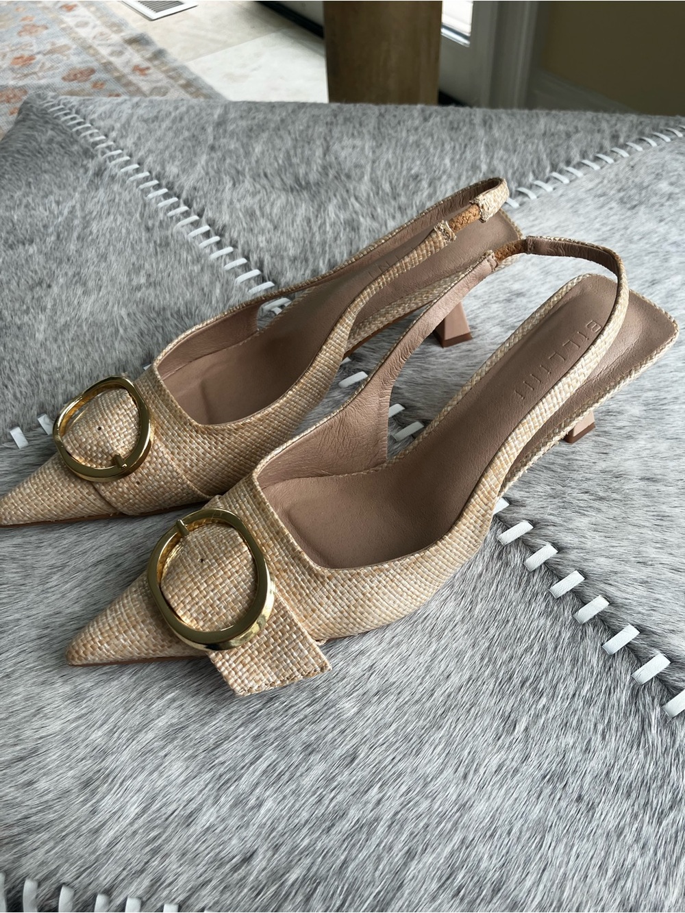Billini Natural Raffia Slingback Heels with Gold Buckle